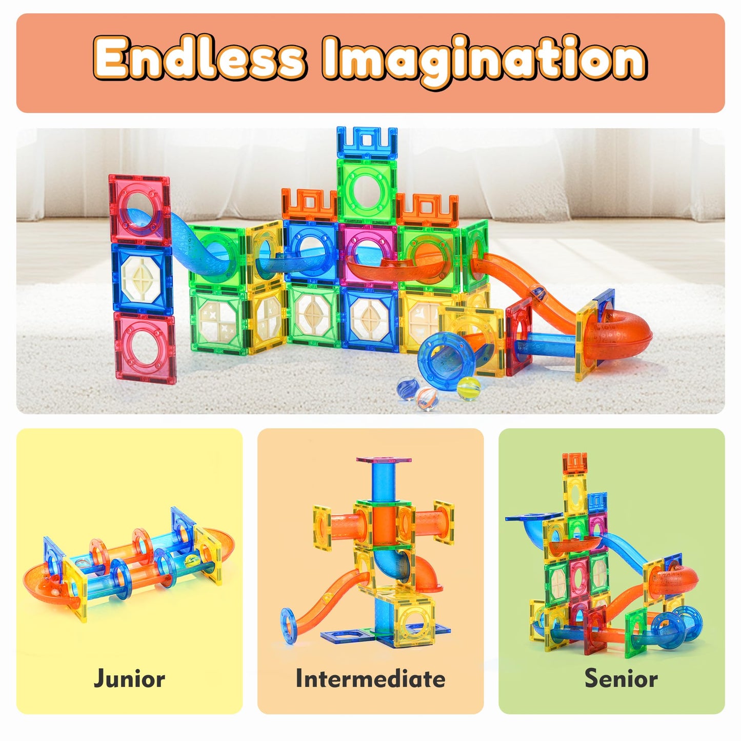 MAGBLOCK 85Pcs Marble Run Magnetic Tiles – STEM Educational Building Blocks for Kids 5+