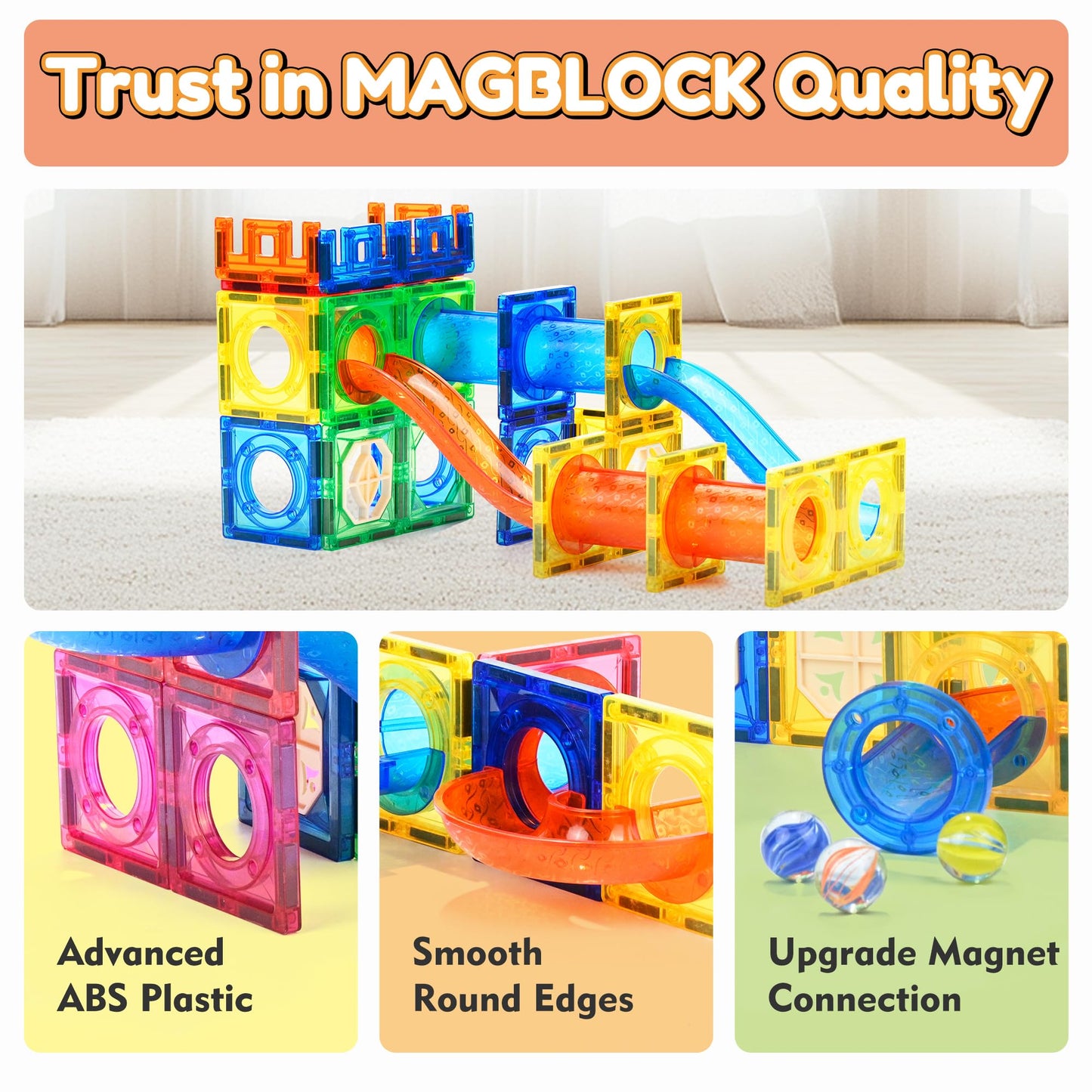 MAGBLOCK 85Pcs Marble Run Magnetic Tiles – STEM Educational Building Blocks for Kids 5+