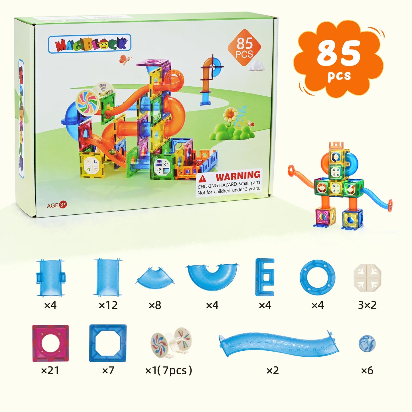 MAGBLOCK 85Pcs Marble Run Magnetic Tiles – STEM Educational Building Blocks for Kids 5+