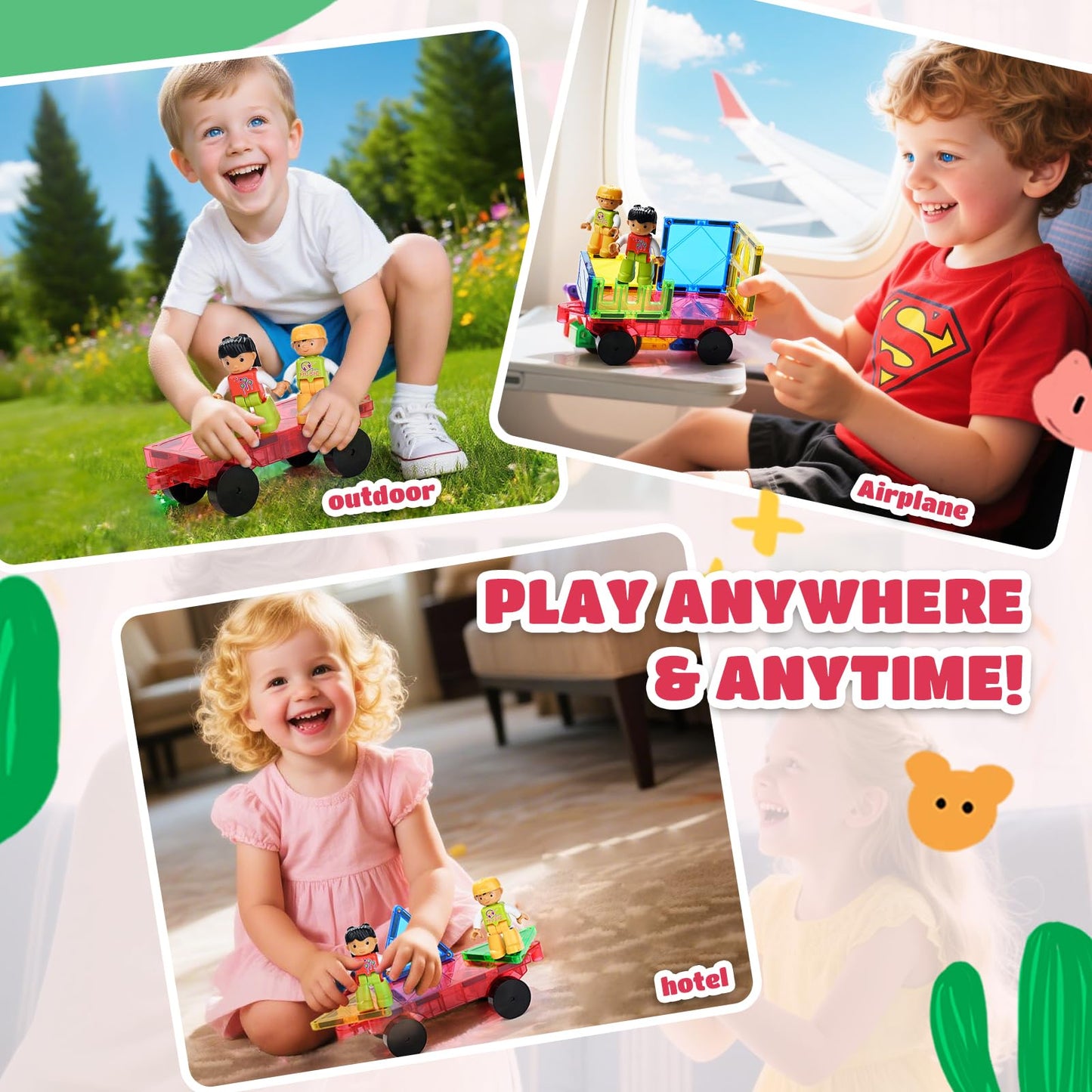 MAGBLOCK 1-Piece Car & 2-Piece Figures for Magnetic Tiles | STEM Toy
