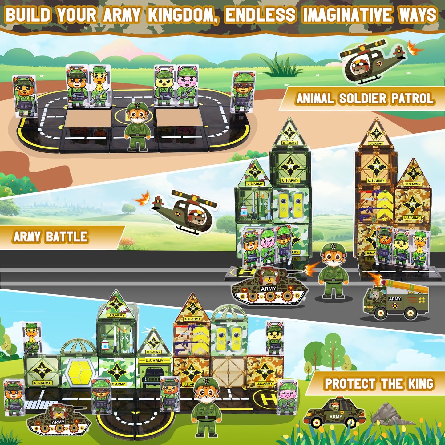Magbubp Magnetic Tiles Army Toys – Military Tile Set for Kids 3-12