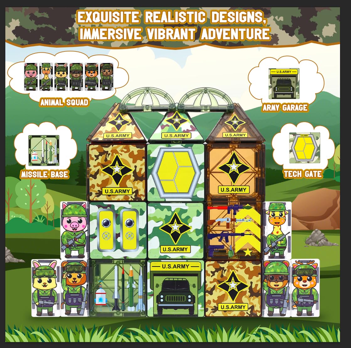 Magbubp Magnetic Tiles Army Toys – Military Tile Set for Kids 3-12