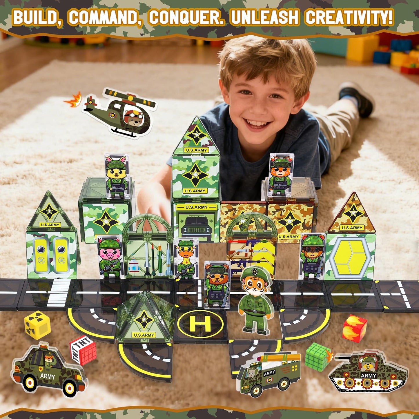 Magbubp Magnetic Tiles Army Toys – Military Tile Set for Kids 3-12