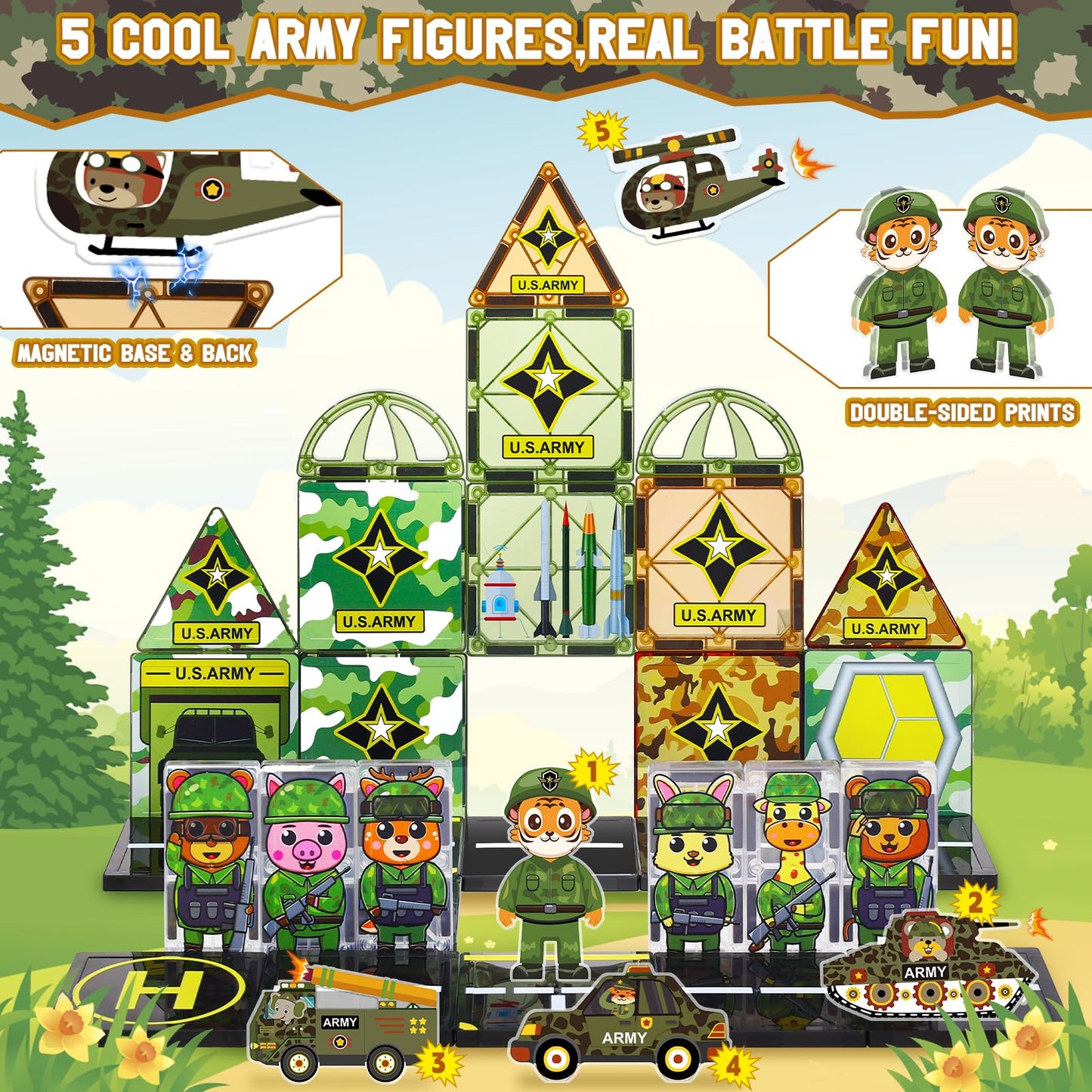 Magbubp Magnetic Tiles Army Toys – Military Tile Set for Kids 3-12