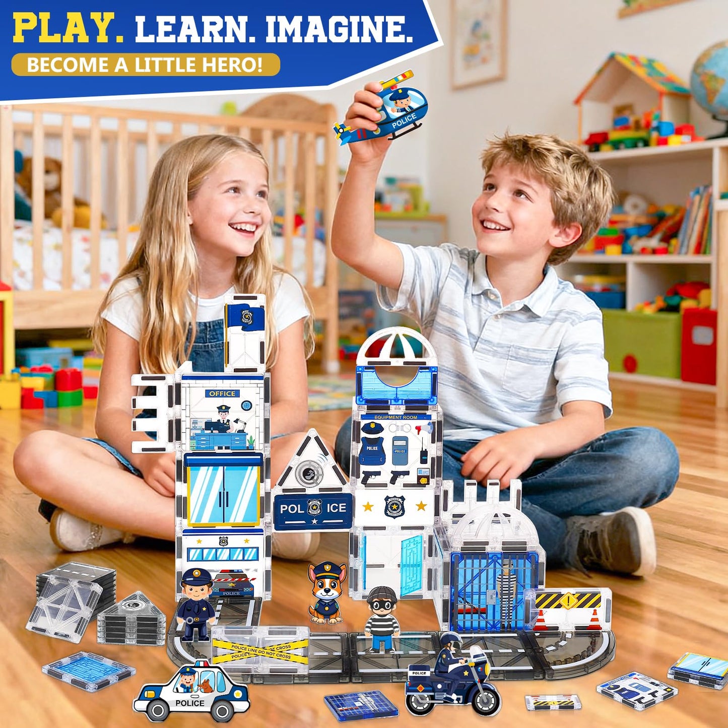 Magbubp 60PCS Police Station Magnetic Tiles Set | STEM Building Blocks for Kids