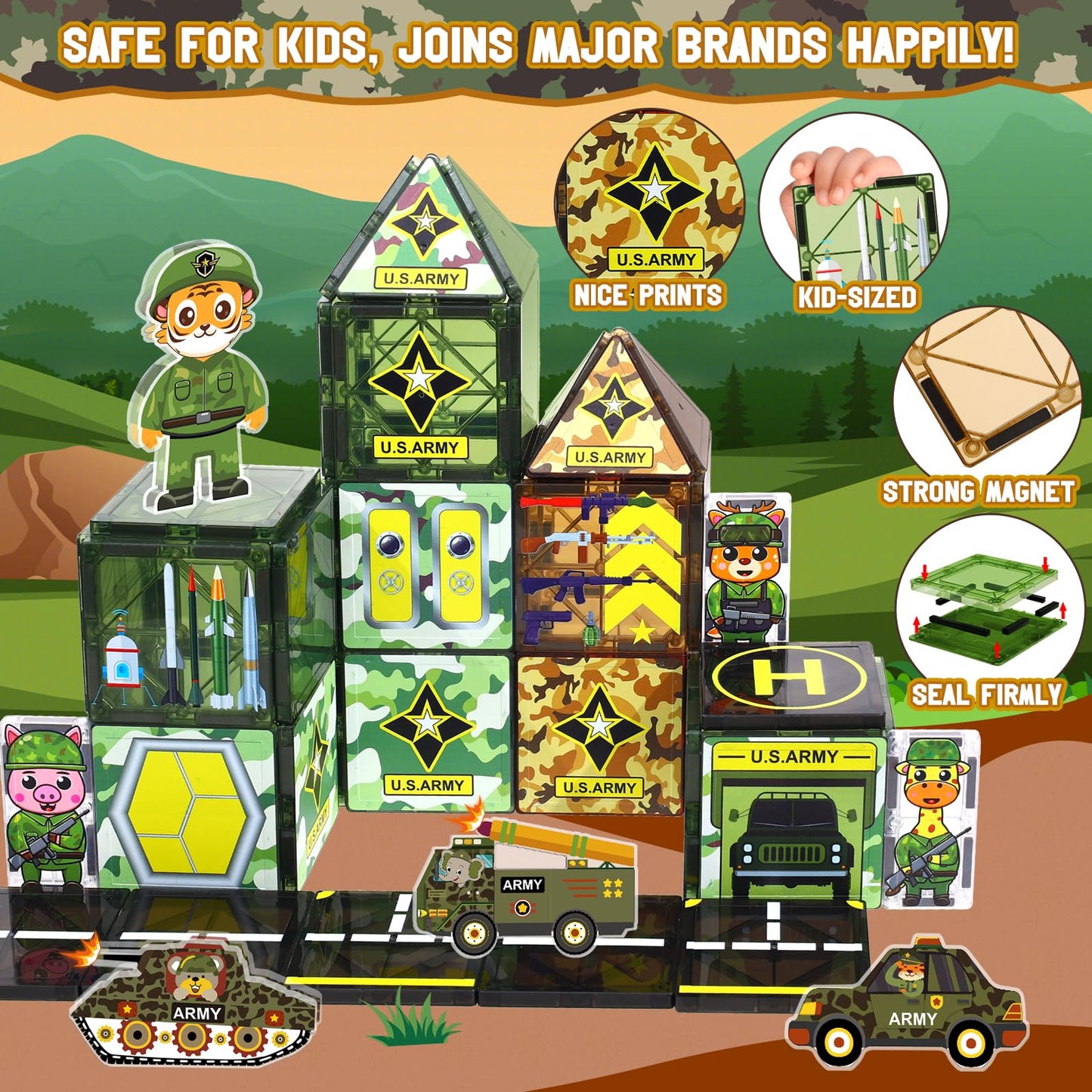 Magbubp Magnetic Tiles Army Toys – Military Tile Set for Kids 3-12
