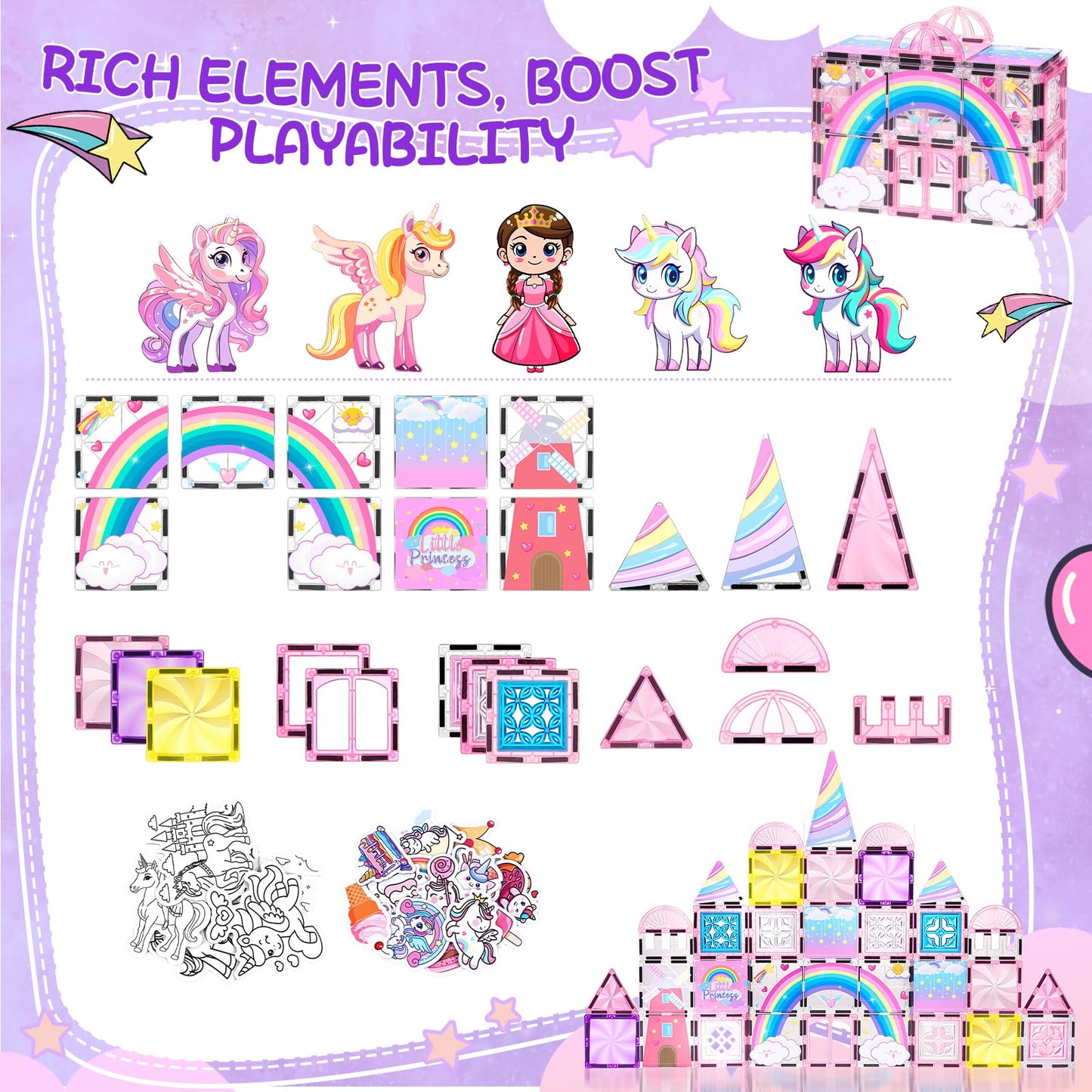 Magbubp Diamond Magnetic Tiles — Unicorn Princess Castle & Art Decor Kit (Girls 3–8)