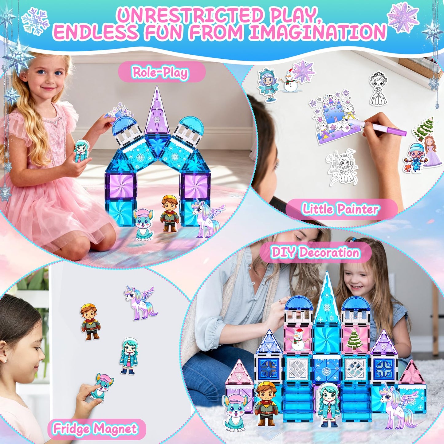 Magbubp Princess Castle Magnetic Tiles – 112PCS with Dolls & Decor Kit | STEM Toy for Kids