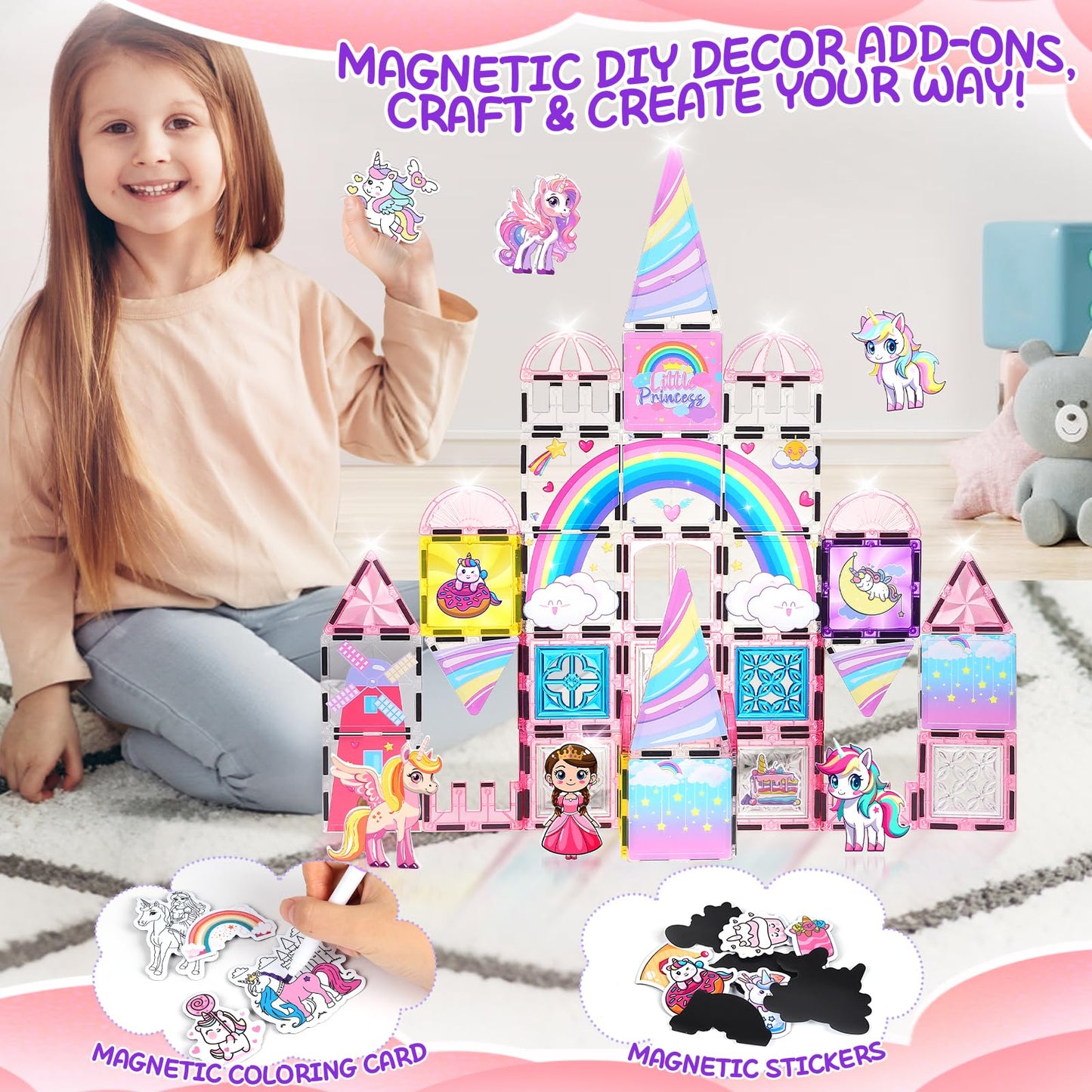 Magbubp Diamond Magnetic Tiles — Unicorn Princess Castle & Art Decor Kit (Girls 3–8)