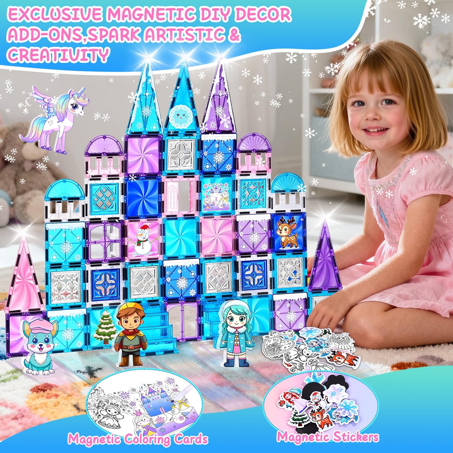 Magbubp Princess Castle Magnetic Tiles – 112PCS with Dolls & Decor Kit | STEM Toy for Kids