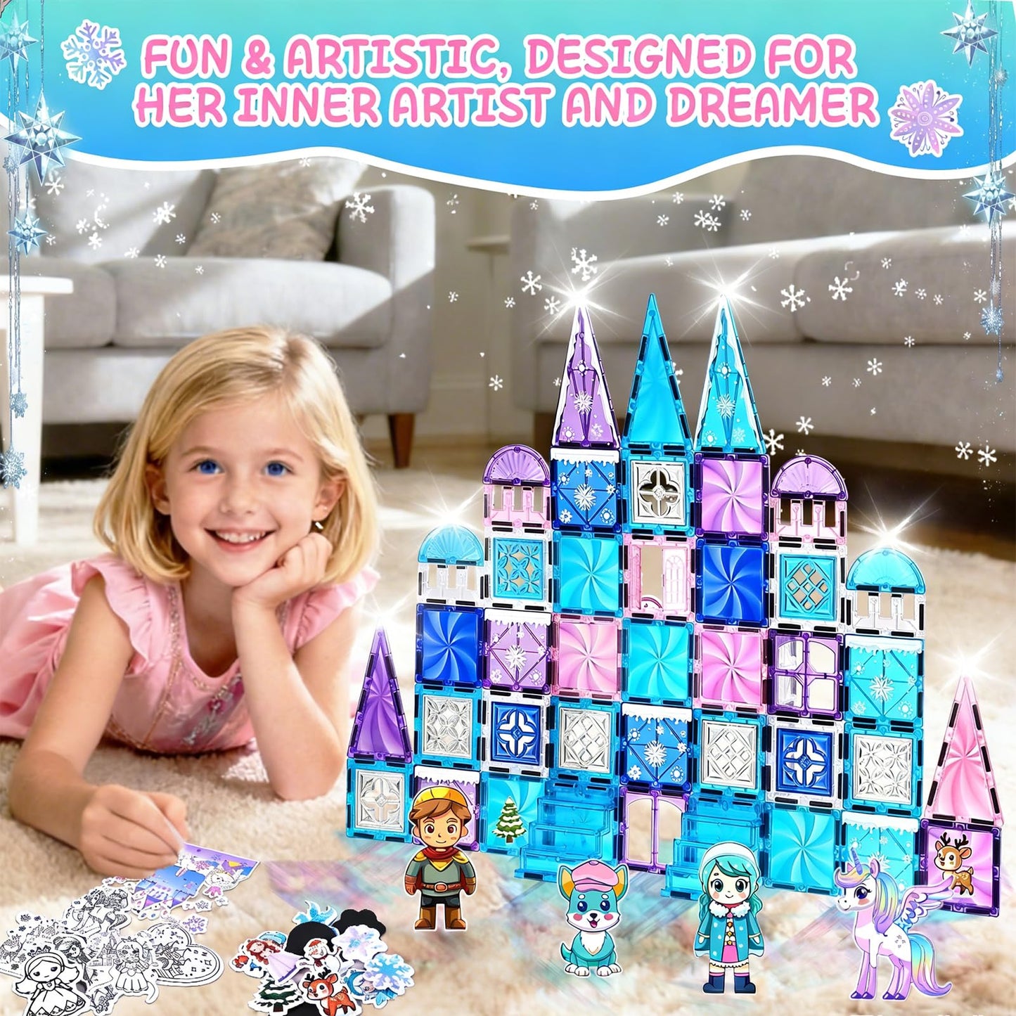 Magbubp Princess Castle Magnetic Tiles – 112PCS with Dolls & Decor Kit | STEM Toy for Kids