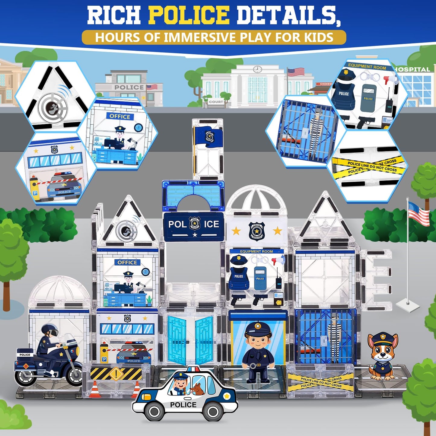 Magbubp 60PCS Police Station Magnetic Tiles Set | STEM Building Blocks for Kids
