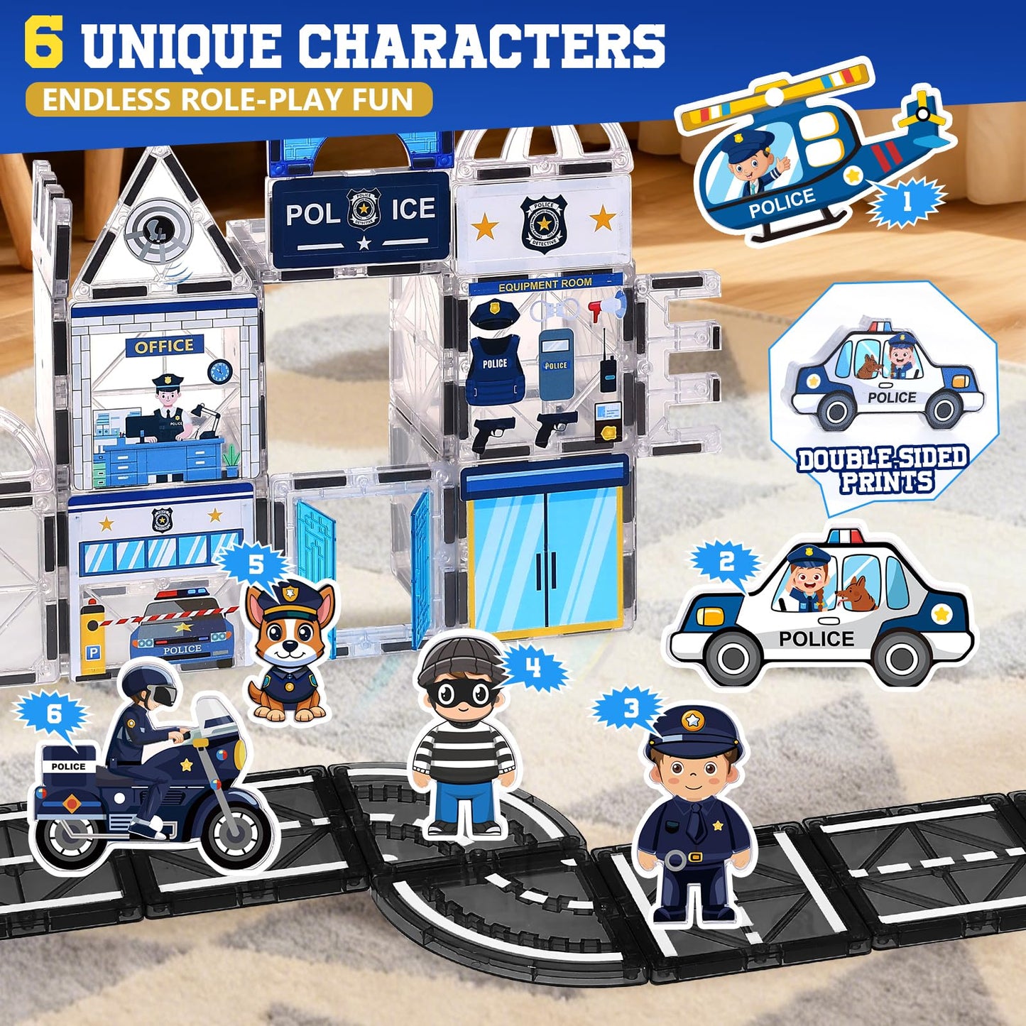 Magbubp 60PCS Police Station Magnetic Tiles Set | STEM Building Blocks for Kids