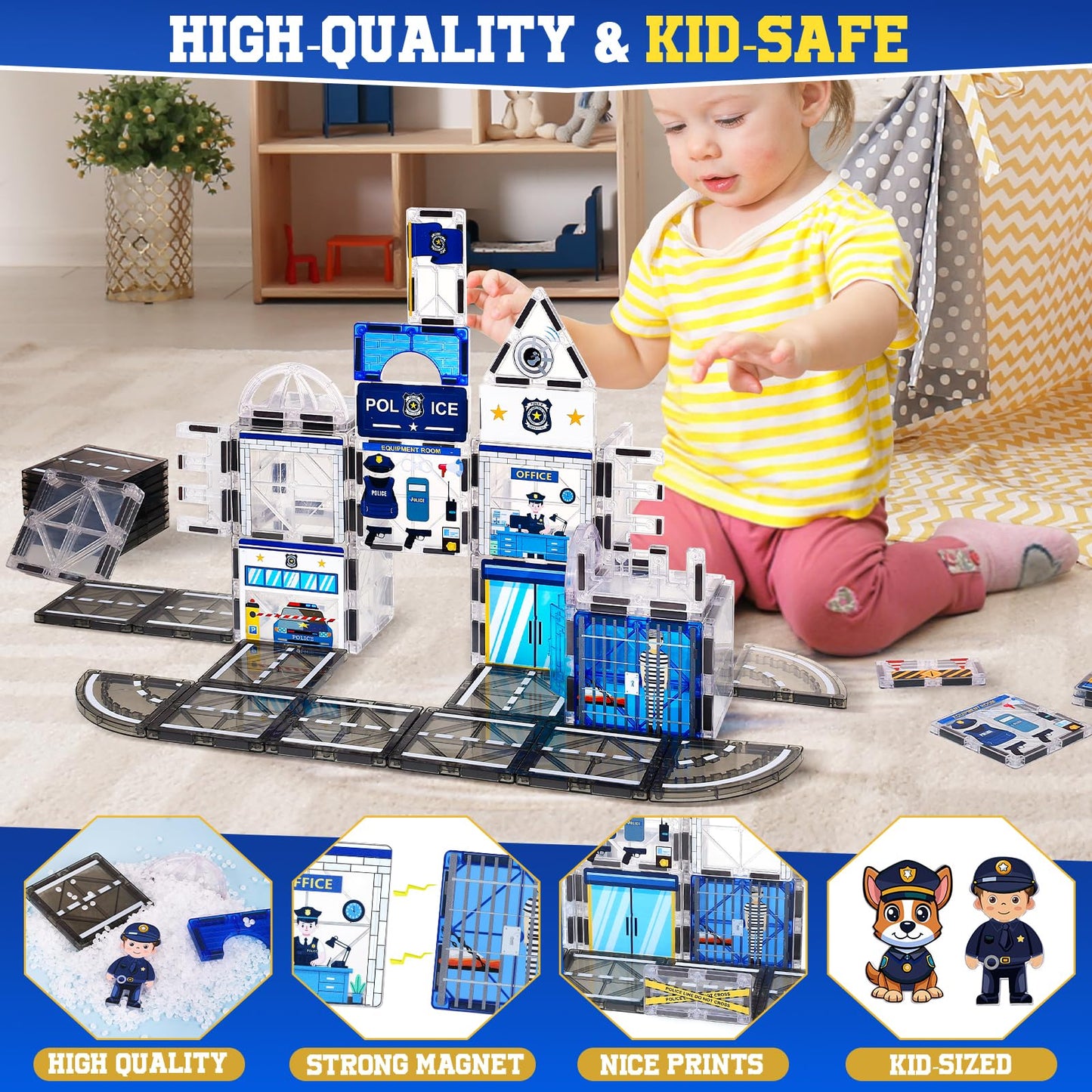 Magbubp 60PCS Police Station Magnetic Tiles Set | STEM Building Blocks for Kids