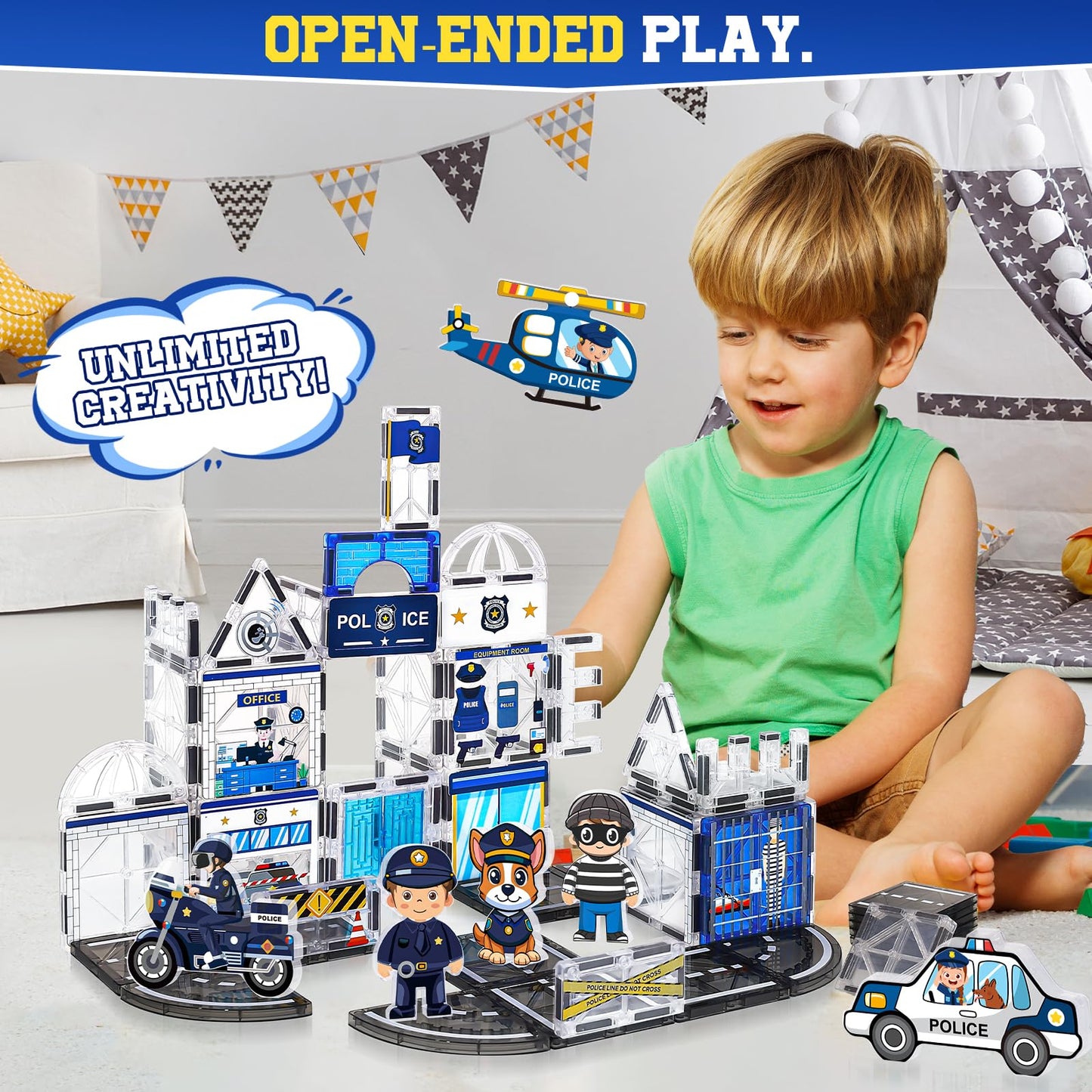 Magbubp 60PCS Police Station Magnetic Tiles Set | STEM Building Blocks for Kids