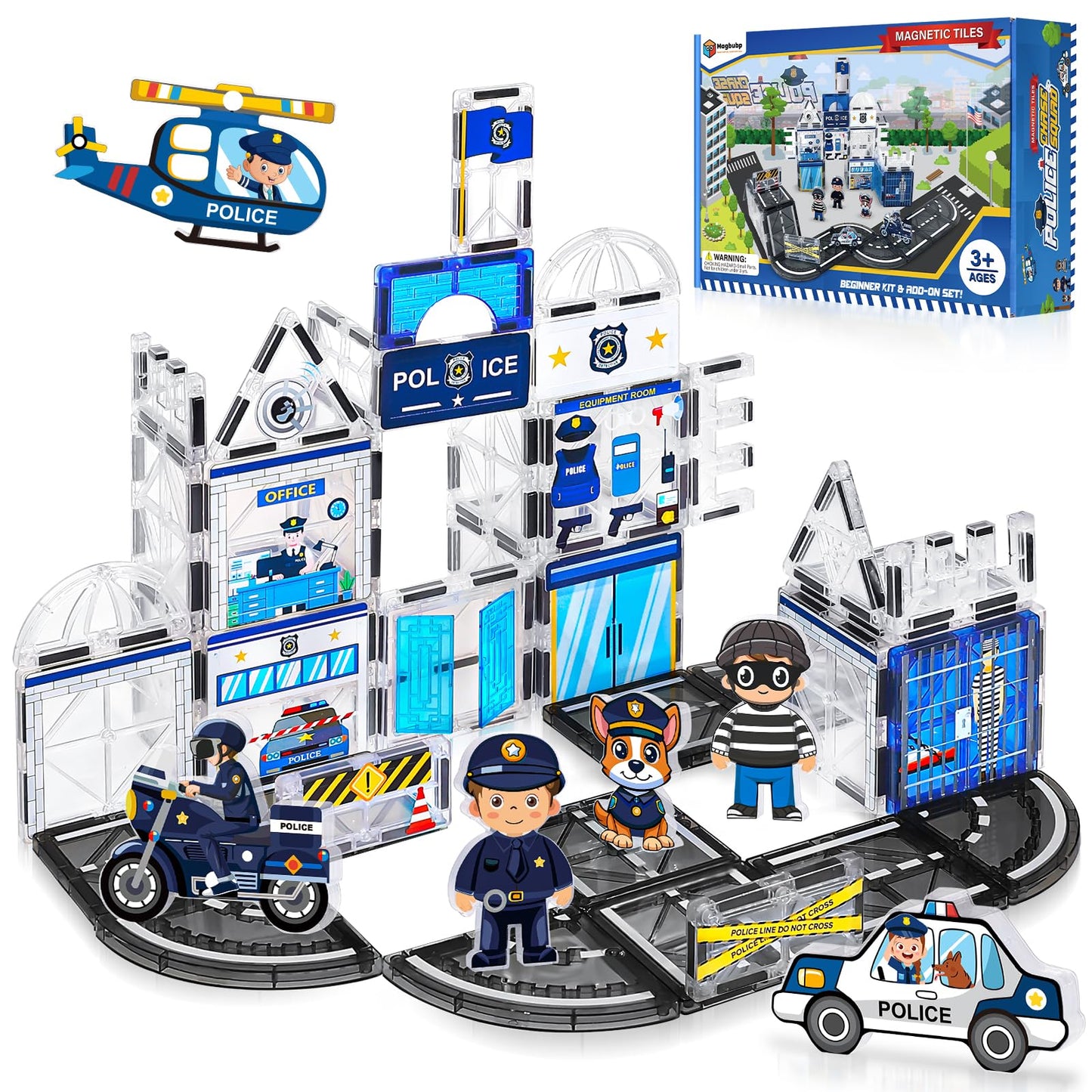 Magbubp 60PCS Police Station Magnetic Tiles Set | STEM Building Blocks for Kids