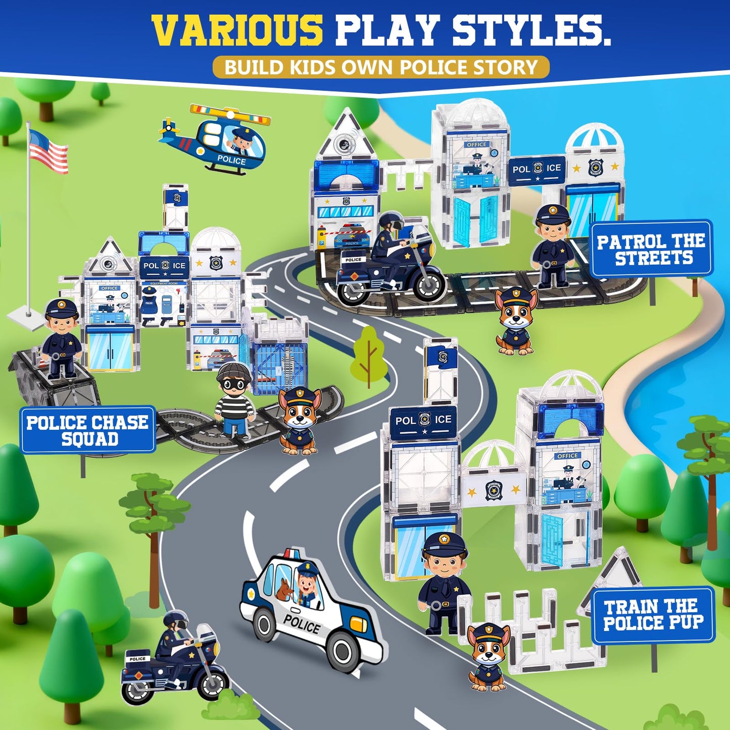 Magbubp 60PCS Police Station Magnetic Tiles Set | STEM Building Blocks for Kids