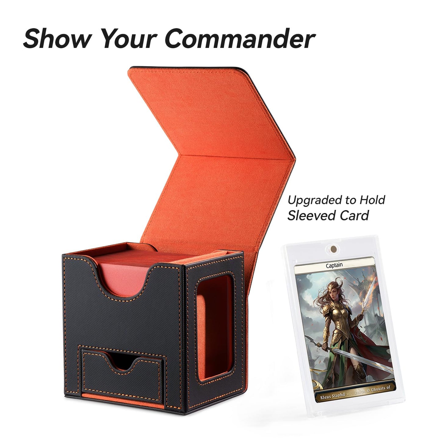 Mage Tech Card Deck Box for MTG Commander — 100 Double-Sleeve Capacity, 35pt Holder, Dice Tray, Gray/Orange
