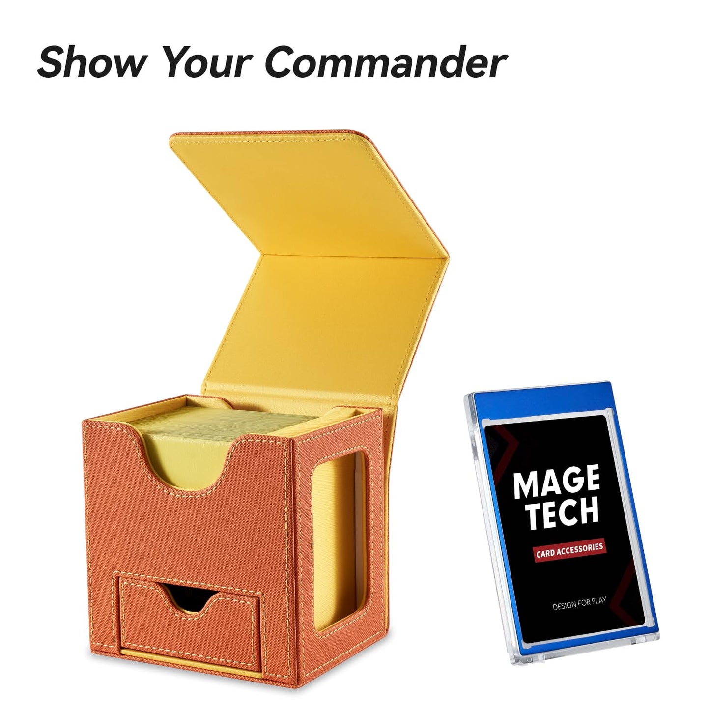 Mage Tech Card Deck Box for MTG Commander – 100 Double-Sleeved, 35pt Holder, Dice Tray, Magnetic Closure (Orange/Yellow)