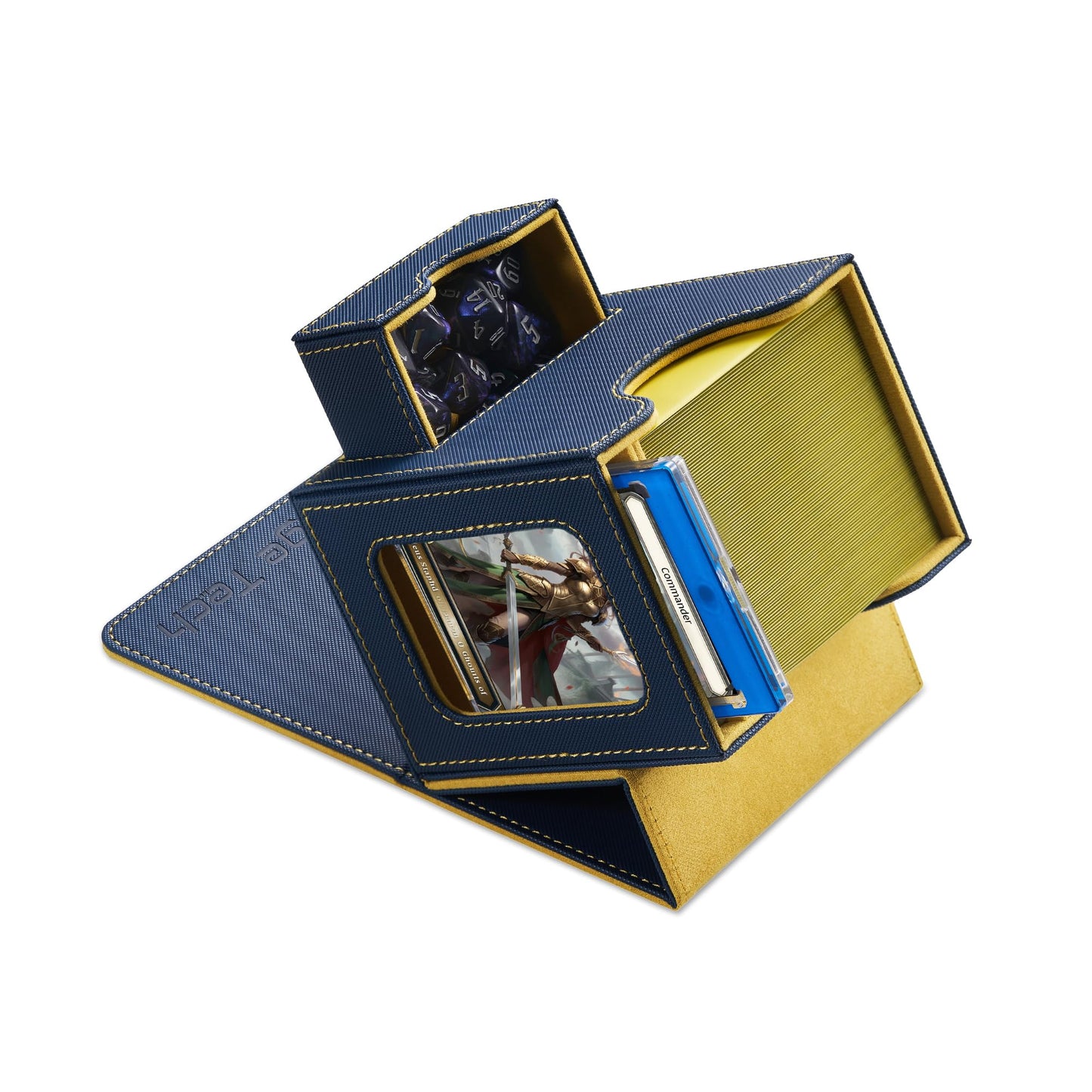 Mage Tech Card Deck Box for MTG Commander — Patented Design, Commander Display, 100 Double-Sleeved Cards, 50 Dice Tray (Blue/Yellow)