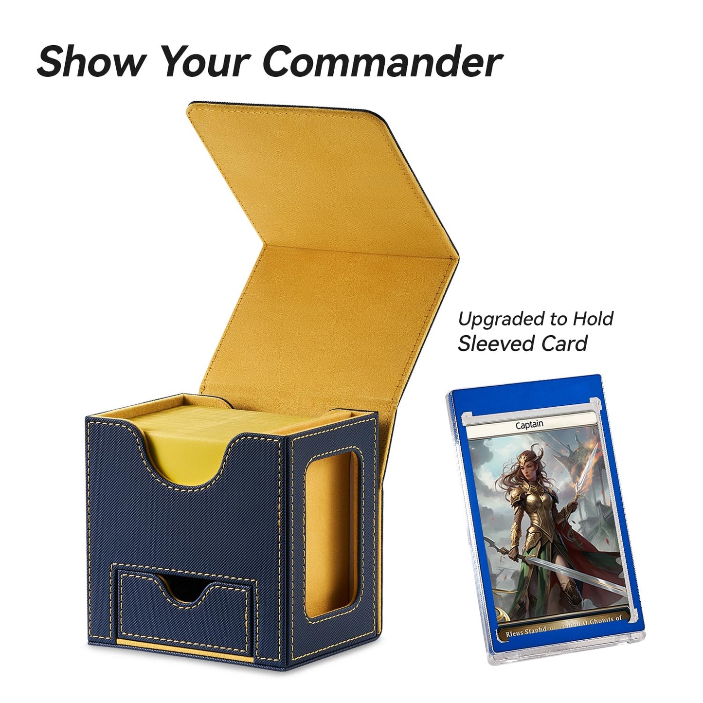 Mage Tech Card Deck Box for MTG Commander — Patented Design, Commander Display, 100 Double-Sleeved Cards, 50 Dice Tray (Blue/Yellow)