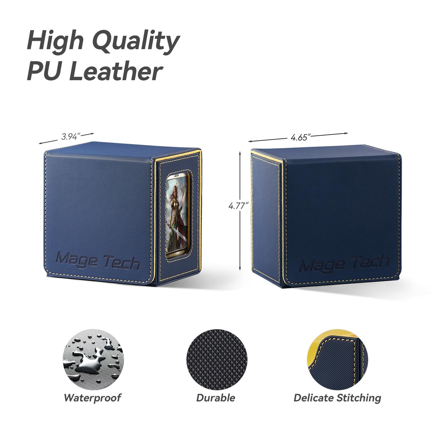 Mage Tech Card Deck Box for MTG Commander — Patented Design, Commander Display, 100 Double-Sleeved Cards, 50 Dice Tray (Blue/Yellow)
