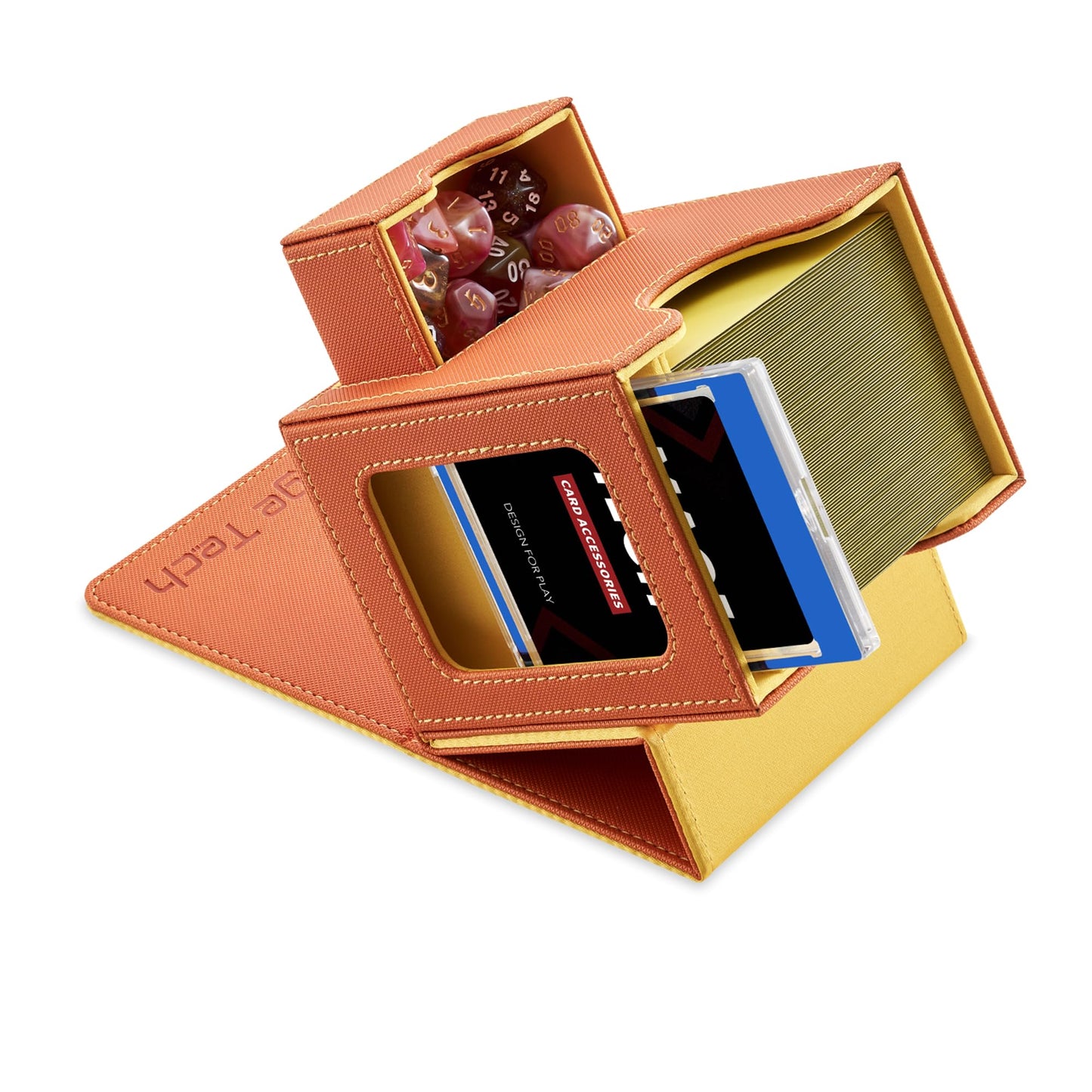 Mage Tech Card Deck Box for MTG Commander – 100 Double-Sleeved, 35pt Holder, Dice Tray, Magnetic Closure (Orange/Yellow)