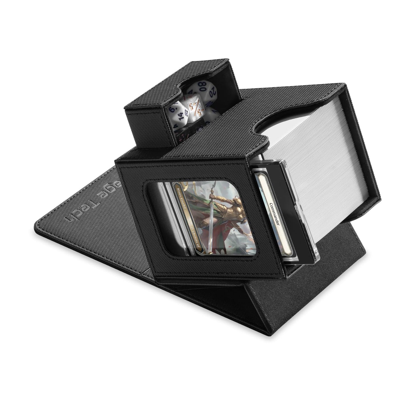 Mage Tech Card Deck Box for MTG Commander – Patented Design, Commander Display, 100 Double-Sleeved Cards, 35pt Holder, Dice Tray, Justice Black