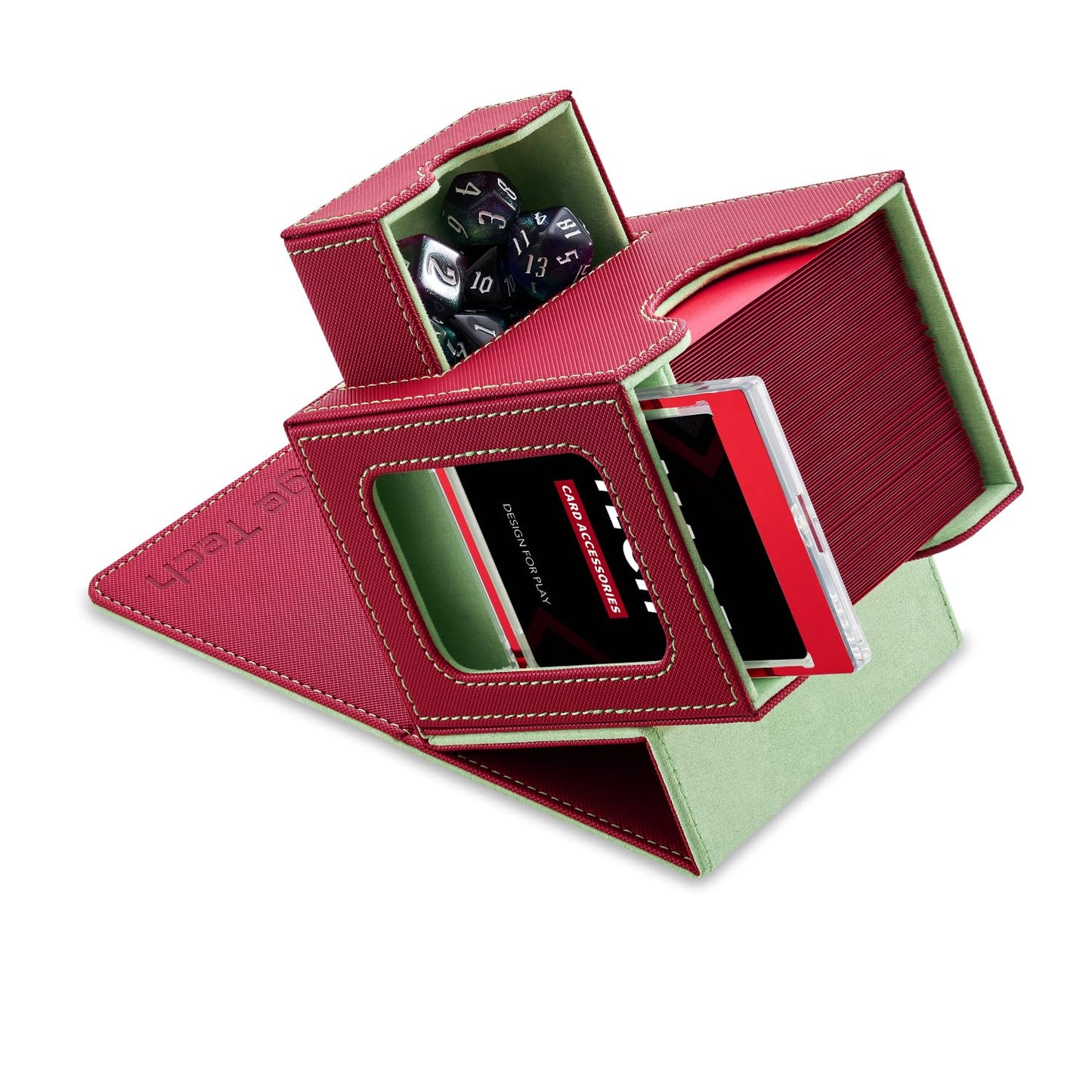 Mage Tech Card Deck Box for MTG Commander — Patented Design, 100 Double-Sleeved Capacity, 35pt Card Brick, Dice Tray (Red/Green)