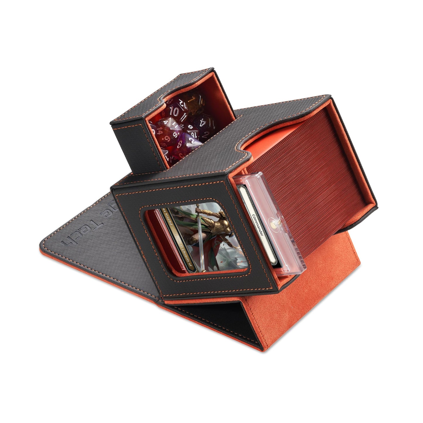 Mage Tech Card Deck Box for MTG Commander — 100 Double-Sleeve Capacity, 35pt Holder, Dice Tray, Gray/Orange