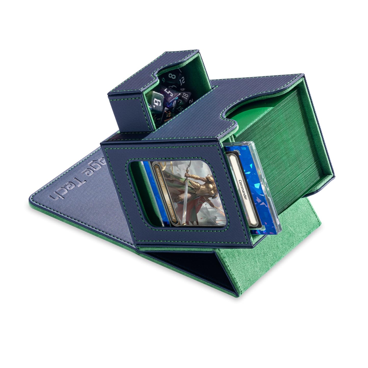 Mage Tech Card Deck Box for MTG Commander – Patented Design, 100 Double-Sleeved Cards, 35pt Card Brick & Dice Tray, Blue/Green