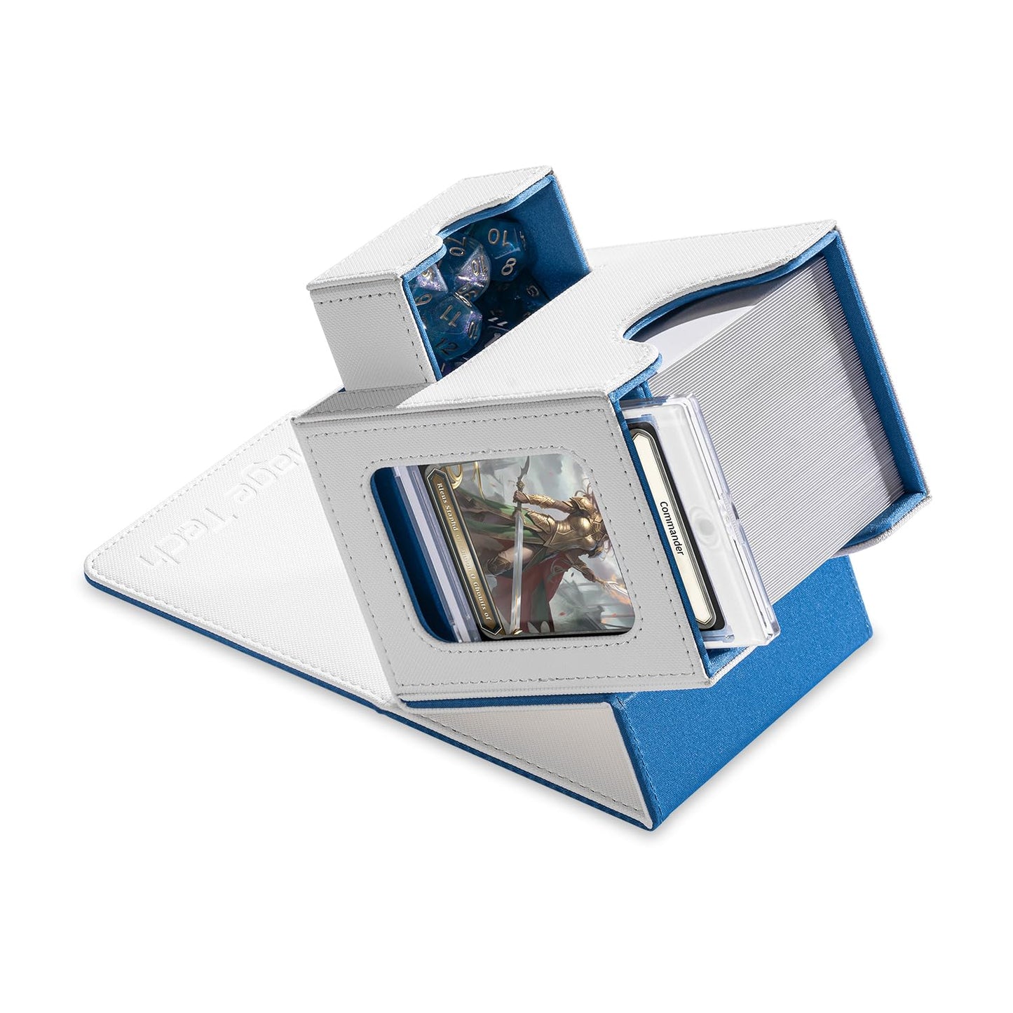 Mage Tech Card Deck Box for MTG Commander - Patented Design, Commander Display, 100 Double-Sleeve Capacity, 35pt Card Holder & Dice Tray - White/Blue