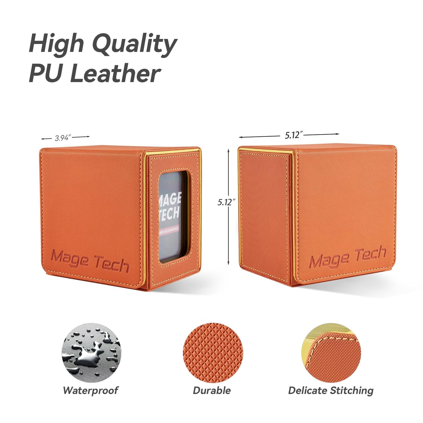 Mage Tech Card Deck Box for MTG Commander – 100 Double-Sleeved, 35pt Holder, Dice Tray, Magnetic Closure (Orange/Yellow)