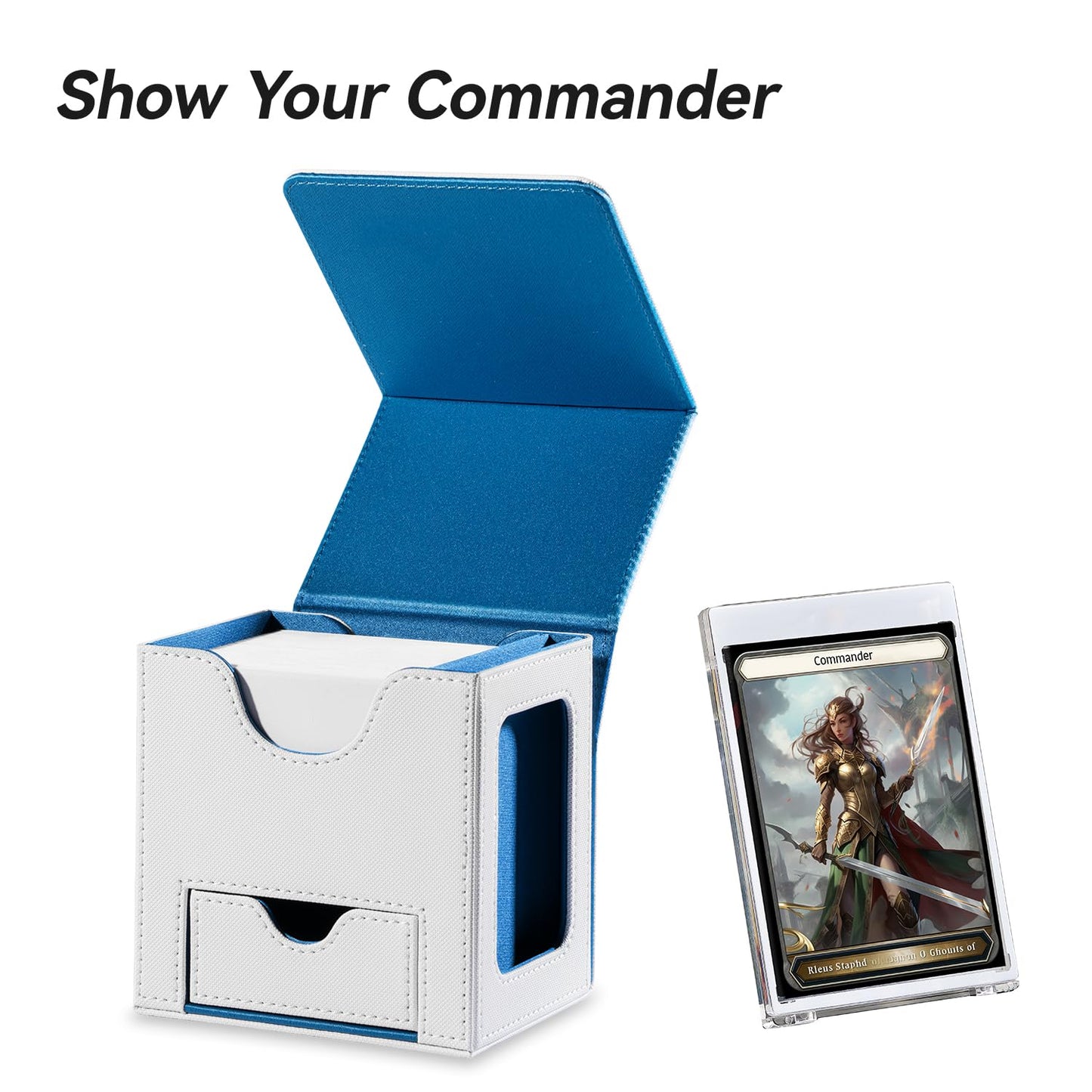 Mage Tech Card Deck Box for MTG Commander - Patented Design, Commander Display, 100 Double-Sleeve Capacity, 35pt Card Holder & Dice Tray - White/Blue