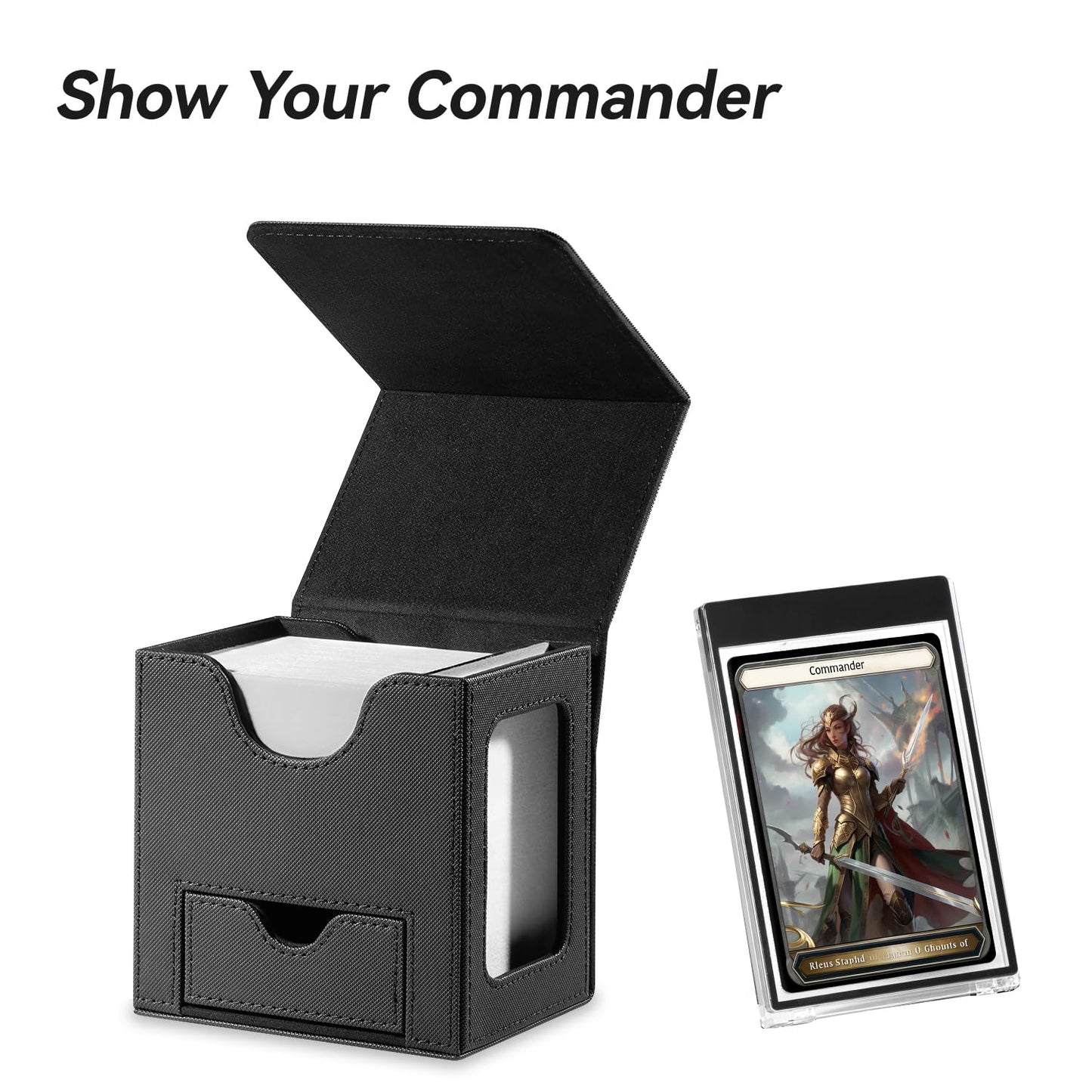 Mage Tech Card Deck Box for MTG Commander – Patented Design, Commander Display, 100 Double-Sleeved Cards, 35pt Holder, Dice Tray, Justice Black