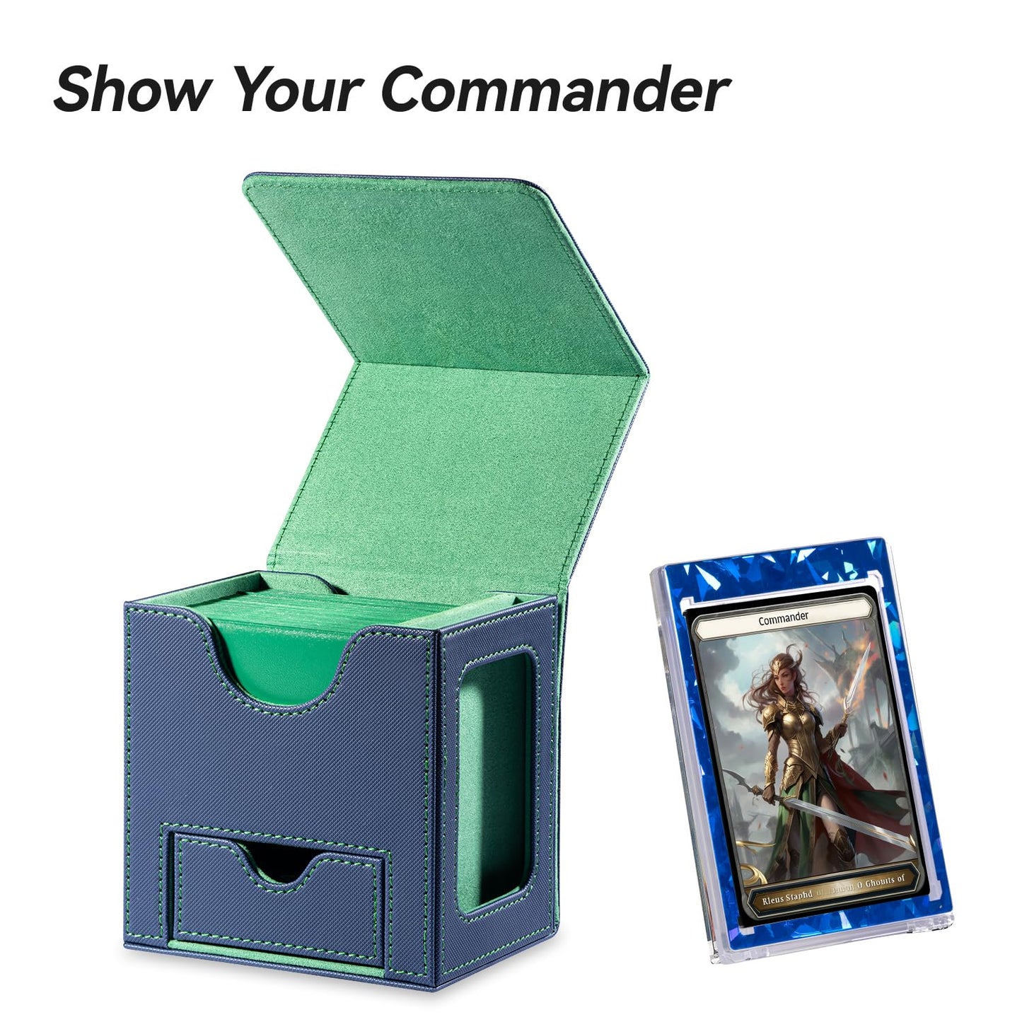 Mage Tech Card Deck Box for MTG Commander – Patented Design, 100 Double-Sleeved Cards, 35pt Card Brick & Dice Tray, Blue/Green