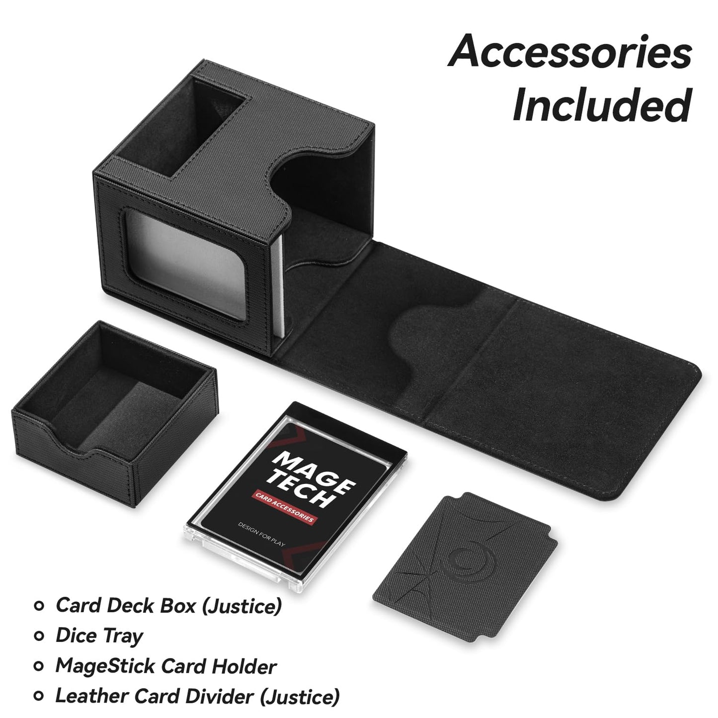Mage Tech Card Deck Box for MTG Commander – Patented Design, Commander Display, 100 Double-Sleeved Cards, 35pt Holder, Dice Tray, Justice Black