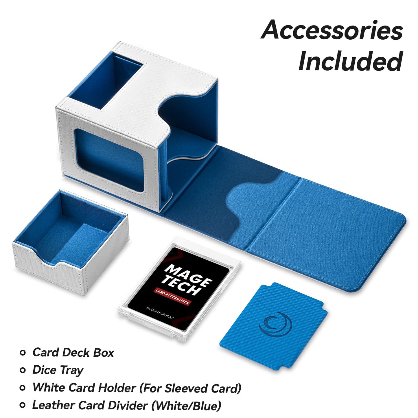 Mage Tech Card Deck Box for MTG Commander - Patented Design, Commander Display, 100 Double-Sleeve Capacity, 35pt Card Holder & Dice Tray - White/Blue