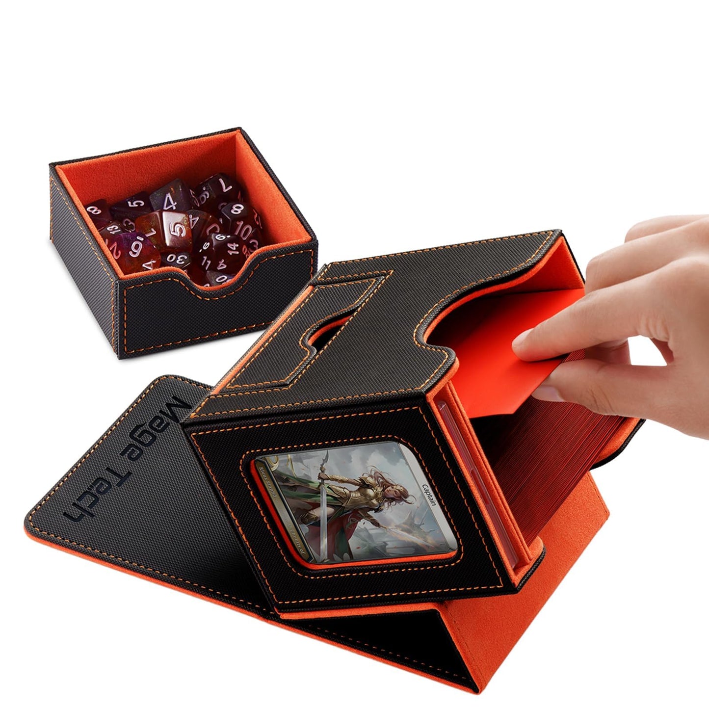 Mage Tech Card Deck Box for MTG Commander — 100 Double-Sleeve Capacity, 35pt Holder, Dice Tray, Gray/Orange