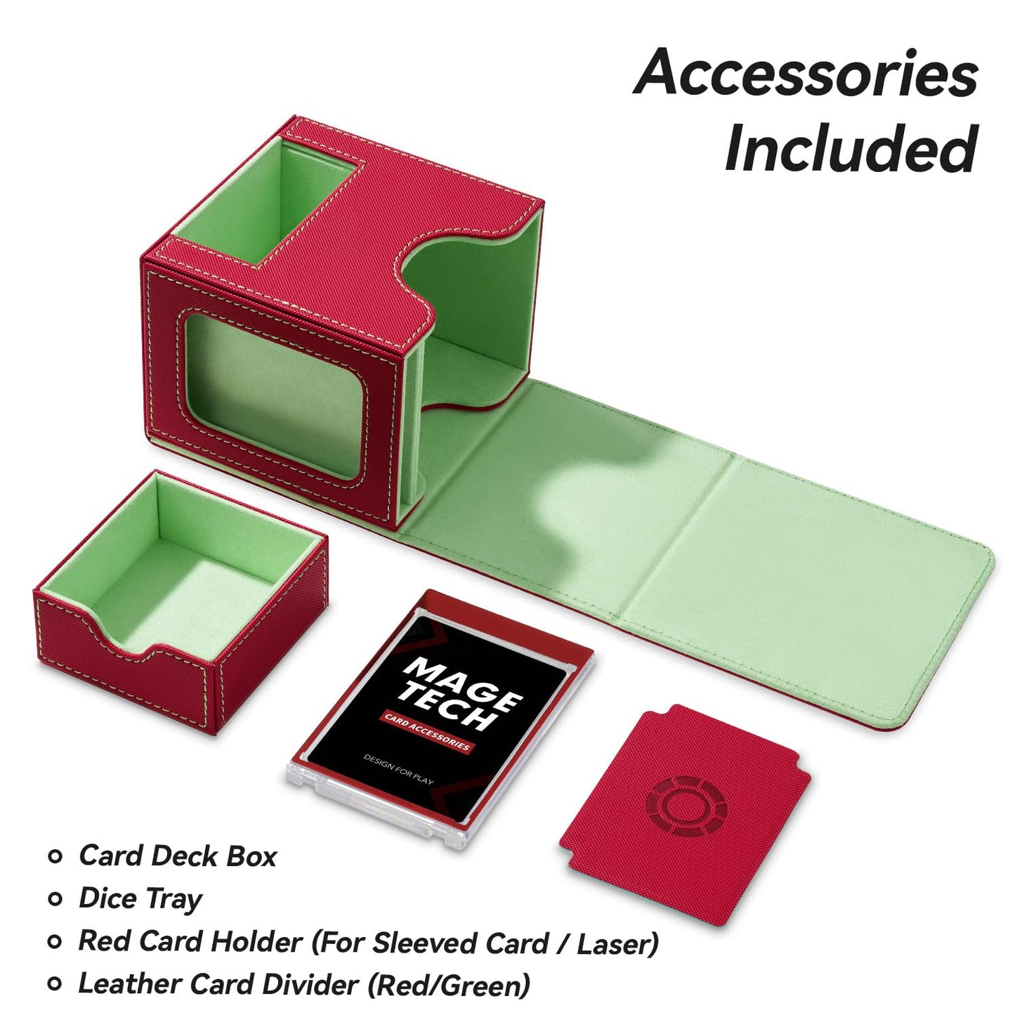 Mage Tech Card Deck Box for MTG Commander — Patented Design, 100 Double-Sleeved Capacity, 35pt Card Brick, Dice Tray (Red/Green)