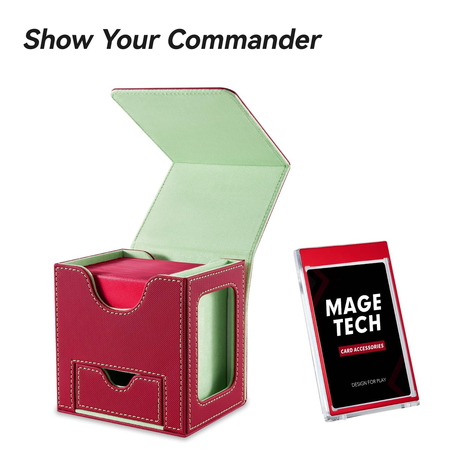 Mage Tech Card Deck Box for MTG Commander — Patented Design, 100 Double-Sleeved Capacity, 35pt Card Brick, Dice Tray (Red/Green)