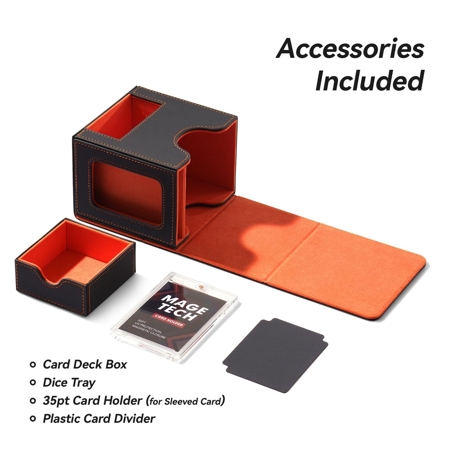 Mage Tech Card Deck Box for MTG Commander — 100 Double-Sleeve Capacity, 35pt Holder, Dice Tray, Gray/Orange