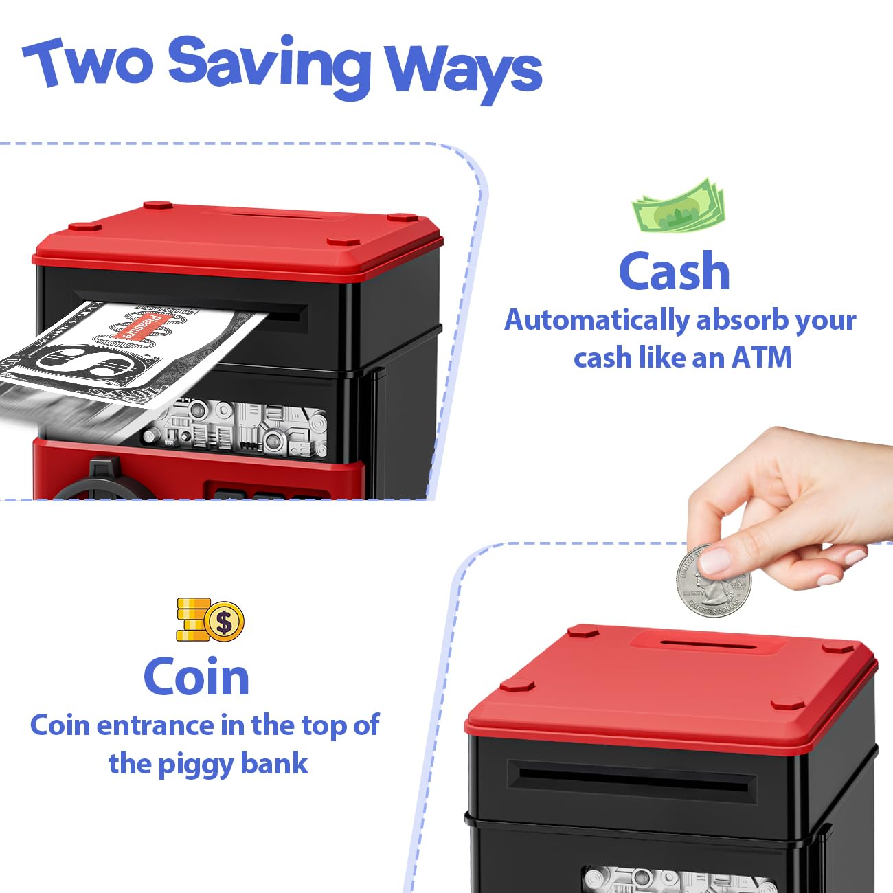 MAGIBX Mini Piggy Bank ATM for Kids – Password-Protected Savings Toy (Black/Red)