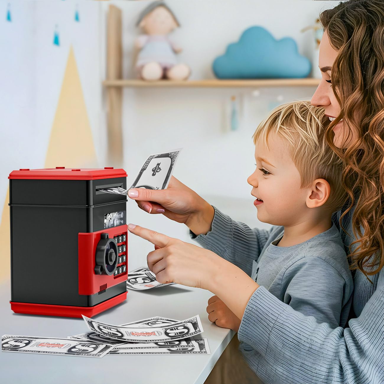 MAGIBX Mini Piggy Bank ATM for Kids – Password-Protected Savings Toy (Black/Red)