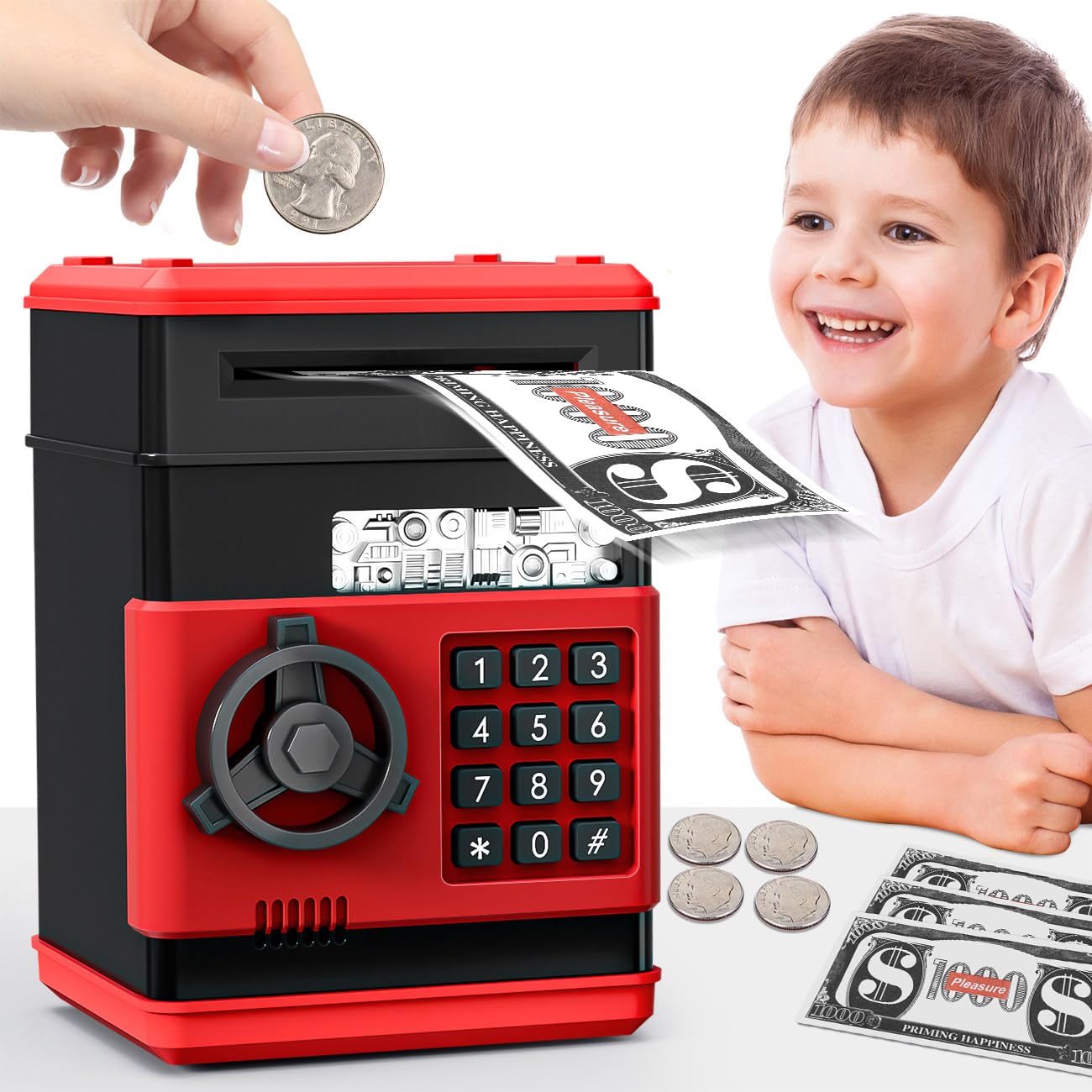 MAGIBX Mini Piggy Bank ATM for Kids – Password-Protected Savings Toy (Black/Red)