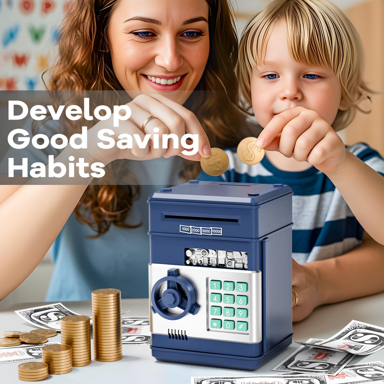 MAGIBX Password Piggy Bank Toy for Kids 5-12 – Safe Savings Gift Navy