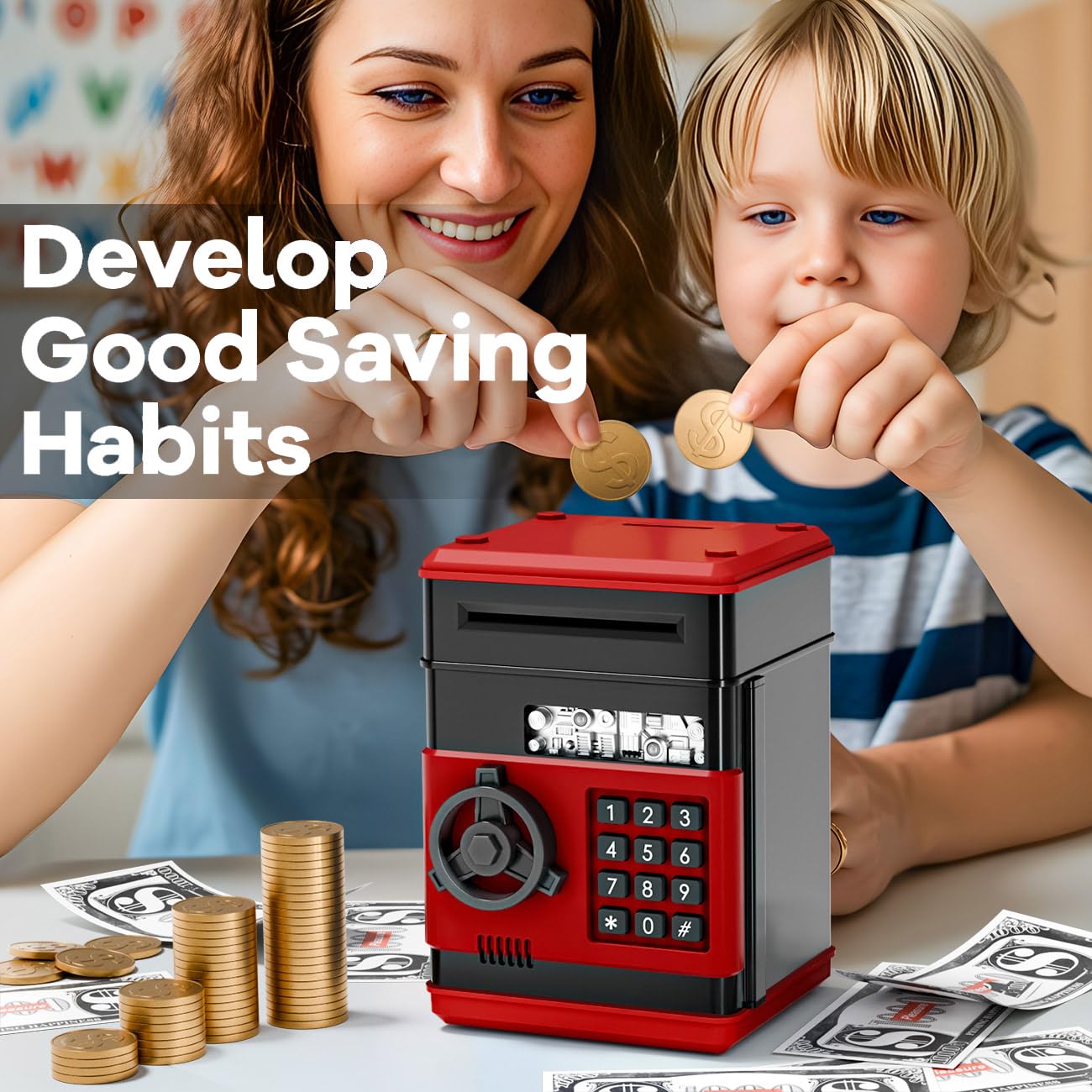 MAGIBX Mini Piggy Bank ATM for Kids – Password-Protected Savings Toy (Black/Red)