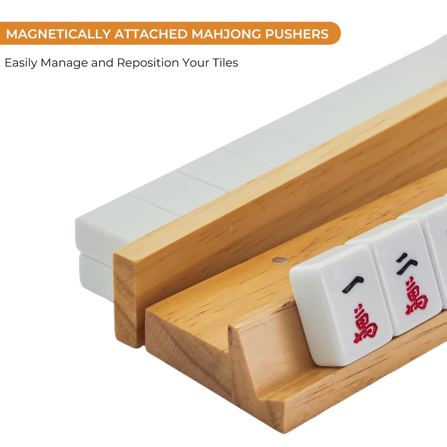 Magic Sewing Machine 4-Piece Wooden Mahjong Racks with Magnetic Pushers – Natural Pine Wood, American Mahjong Tile Rack Set