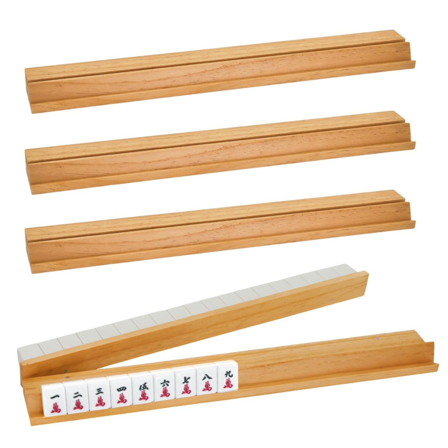Magic Sewing Machine 4-Piece Wooden Mahjong Racks with Magnetic Pushers – Natural Pine Wood, American Mahjong Tile Rack Set