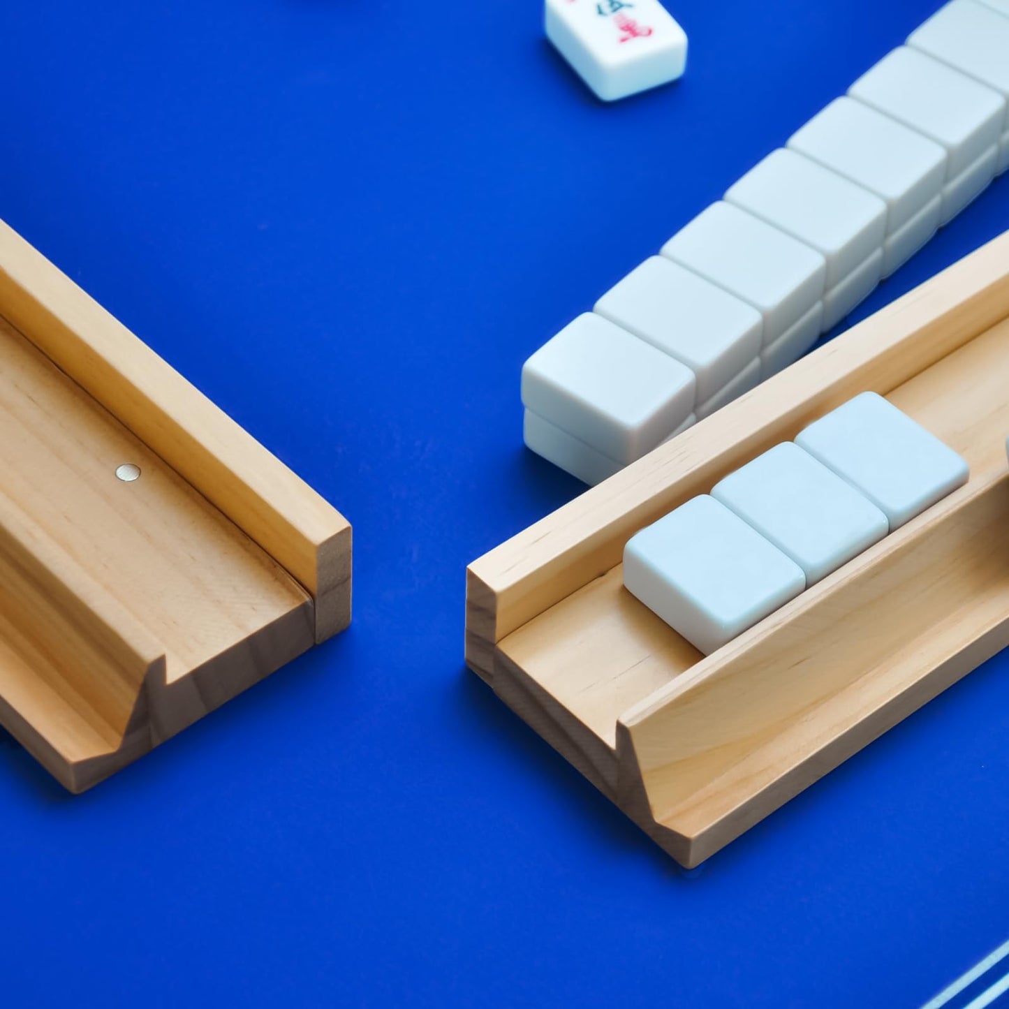 Magic Sewing Machine 4-Piece Wooden Mahjong Racks with Magnetic Pushers – Natural Pine Wood, American Mahjong Tile Rack Set